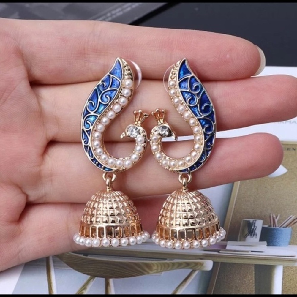 Blue & Gold Bollywood Art Deco Earrings